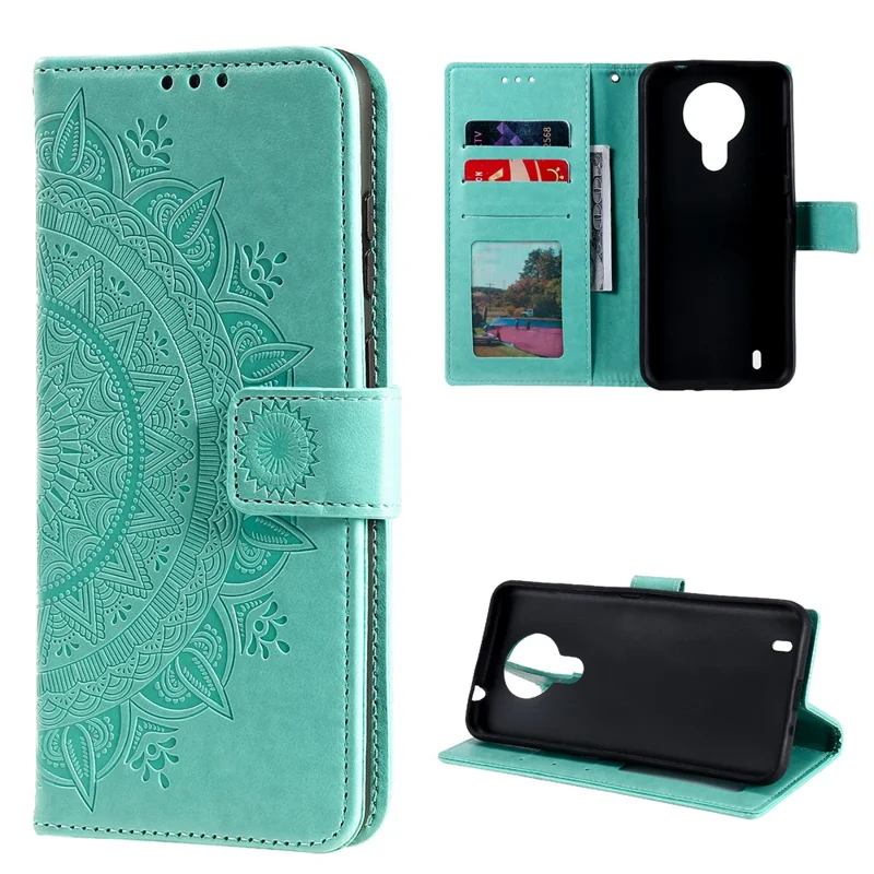 Imprinted Mandala Flower Wallet Leather Case for Nokia 1.4 - Green