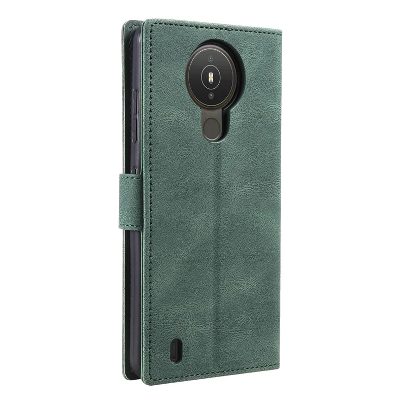 جراب من الجلد الصناعي بلمسة ناعمة مع تصميم خياطة متقاطعة وحامل واقٍ لهاتف Nokia 1.4 - أخضر