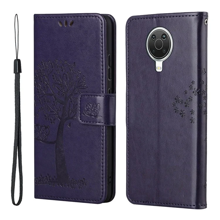 Caso de Capa do Stand Stand Stand de Couro Com Impressão de Padrão de Árvore de Coruja Para Nokia G20/G10 - Roxo Escuro