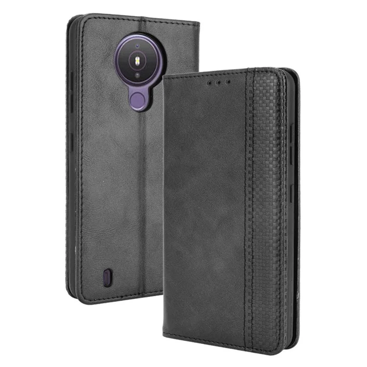 Vintage -stil Magnetischer Verschluss Leder -handyabdeckung Mit Stand Für Nokia 1.4 - Schwarz