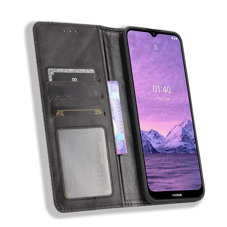 Vintage -stil Magnetischer Verschluss Leder -handyabdeckung Mit Stand Für Nokia 1.4 - Schwarz
