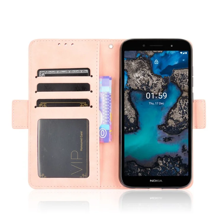 Multiple Card Slots Design Leather Wallet Case Stand for Nokia C1 Plus - Pink