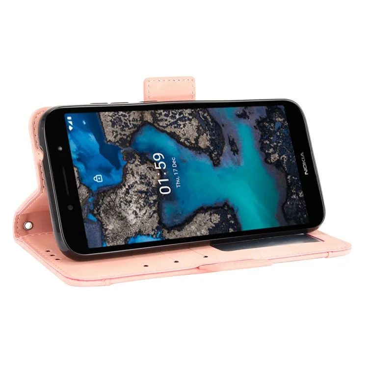 Multiple Card Slots Design Leather Wallet Case Stand for Nokia C1 Plus - Pink