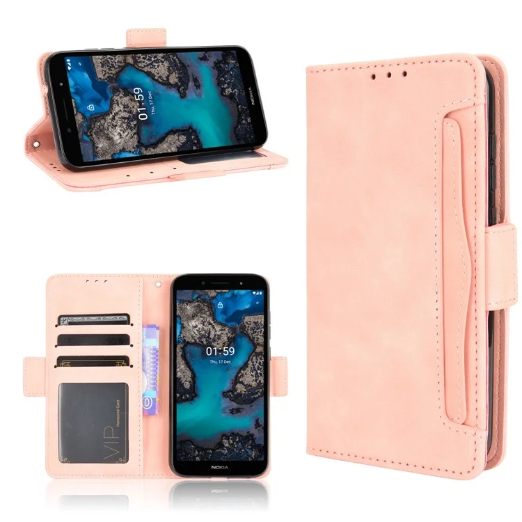 Multiple Card Slots Design Leather Wallet Case Stand for Nokia C1 Plus - Pink