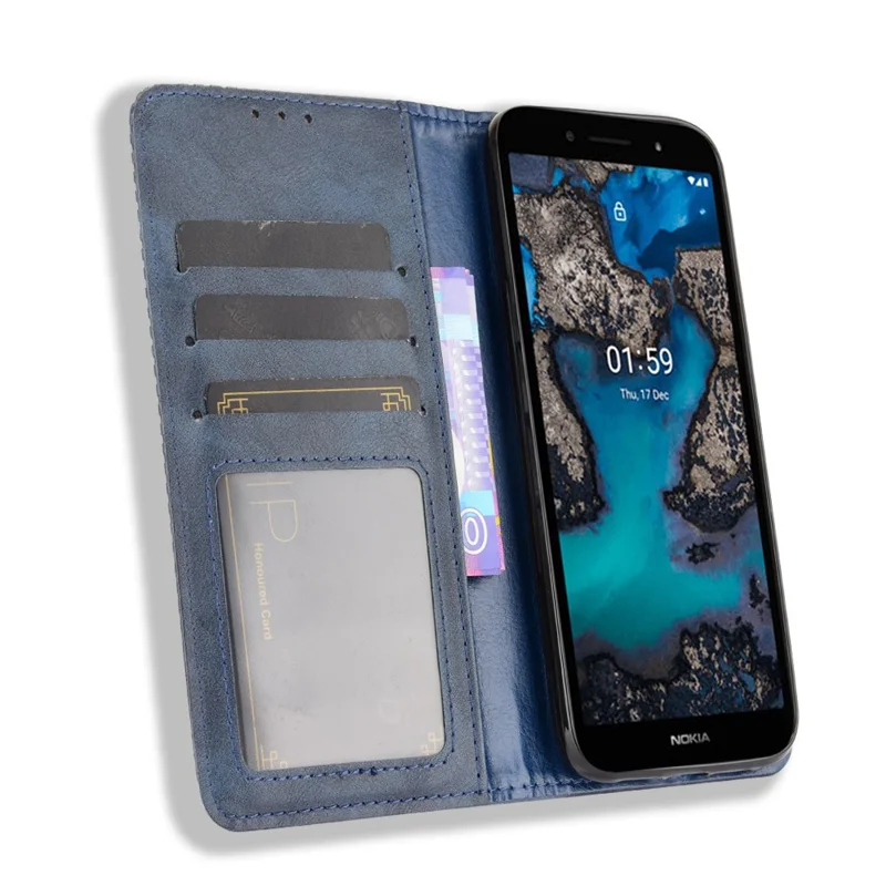 Magnetlukket vintage telefonstøttekobling af læder med wallet til Nokia C1 Plus - Blå