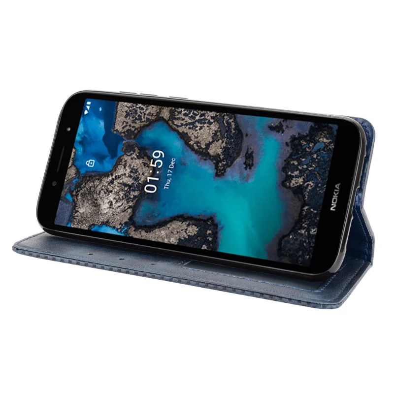 Magnetlukket vintage telefonstøttekobling af læder med wallet til Nokia C1 Plus - Blå