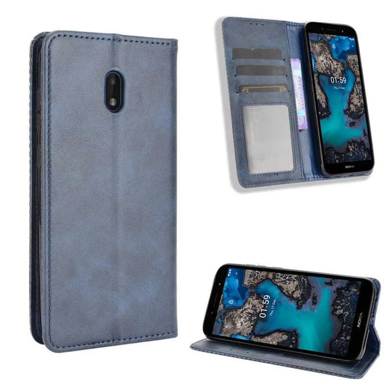 Magnetlukket vintage telefonstøttekobling af læder med wallet til Nokia C1 Plus - Blå