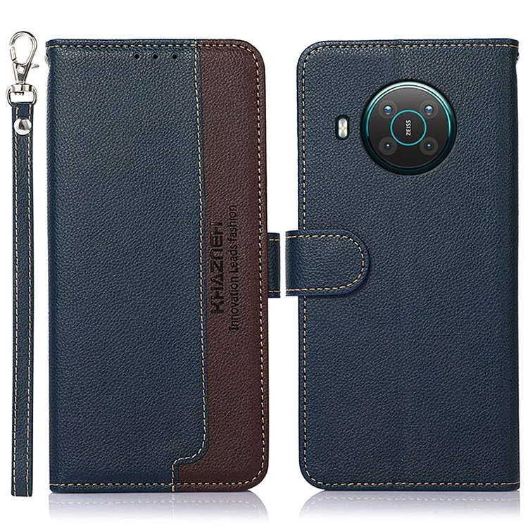 KHAZNEH RFID Anti-theft Swiping Function Design Leather Phone Case Litchi Skin Cover for Nokia X10/X20 - Azul