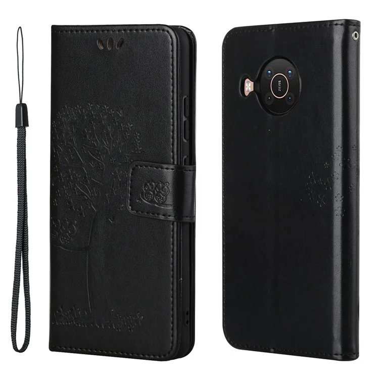 Carteira Design de Couro Suporte para Celular Caso Com Padrão de Coruja e Árvore Impresso para Nokia X10/X20 - Preto