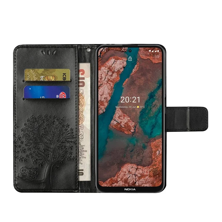 Carteira Design de Couro Suporte para Celular Caso Com Padrão de Coruja e Árvore Impresso para Nokia X10/X20 - Preto