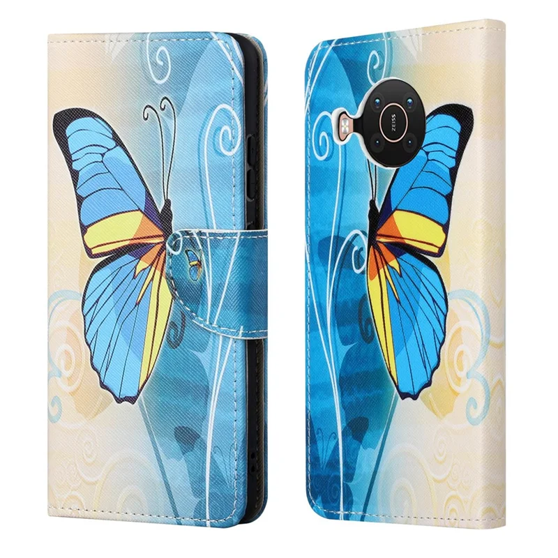 New Pattern Printing Wallet Design Cross Texture Leather Phone Stand Case for Nokia X10/X20 - Blue Butterfly