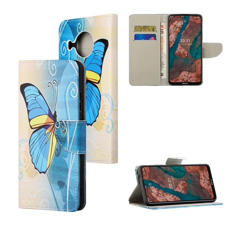 New Pattern Printing Wallet Design Cross Texture Leather Phone Stand Case for Nokia X10/X20 - Blue Butterfly