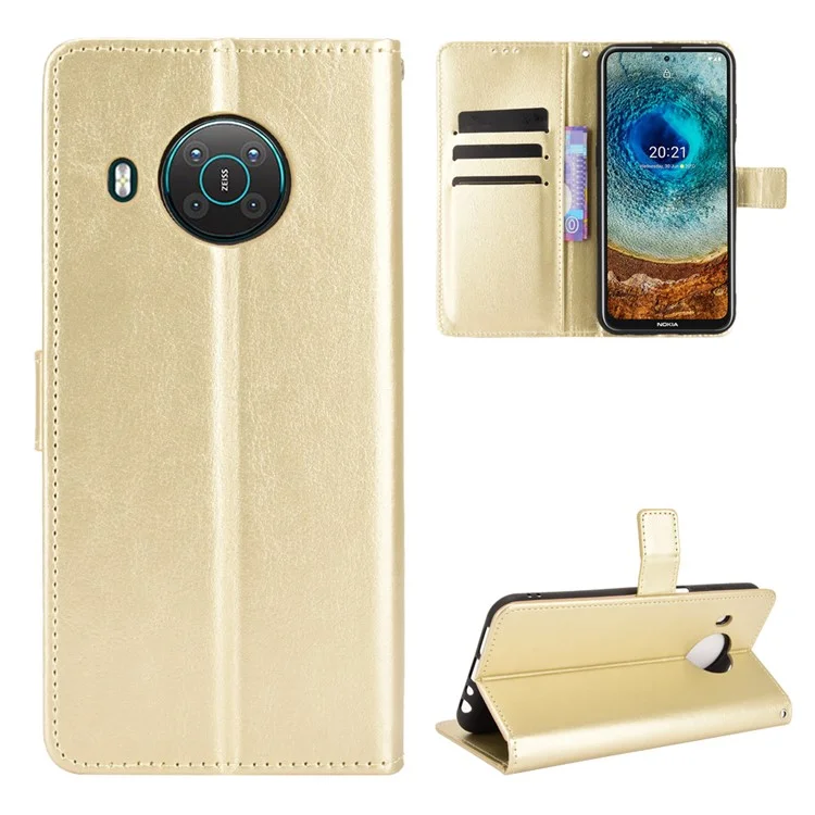 Carteira de Couro Crazy Horse Texture para Nokia X10 / X20 Capa Protetora Stand Mobile - Dourado