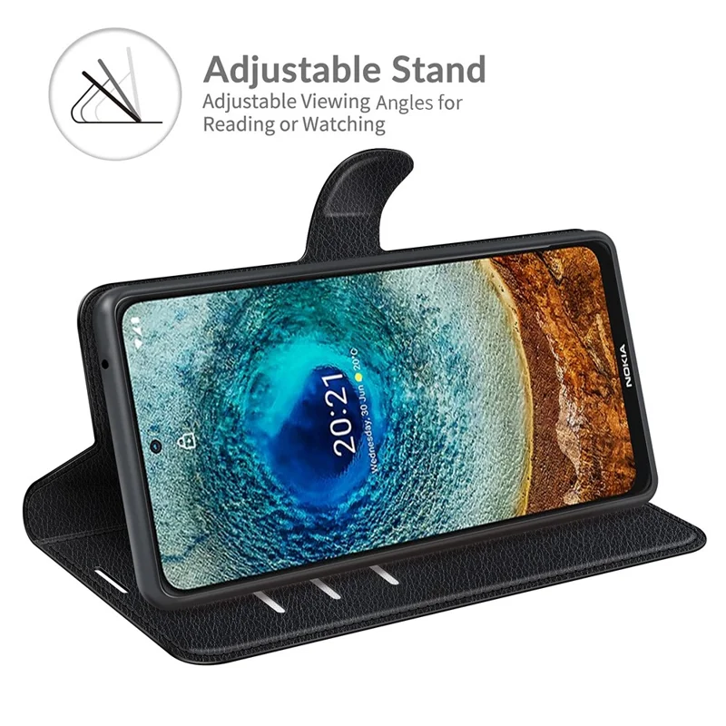 Full Protection Litchi Skin Leather Wallet Case for Nokia X10/X20 Mobile Phone Stand Cover - Black
