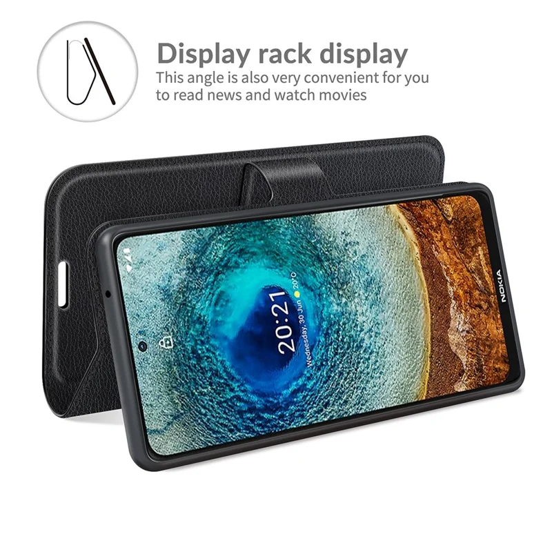 Full Protection Litchi Skin Leather Wallet Case for Nokia X10/X20 Mobile Phone Stand Cover - Black