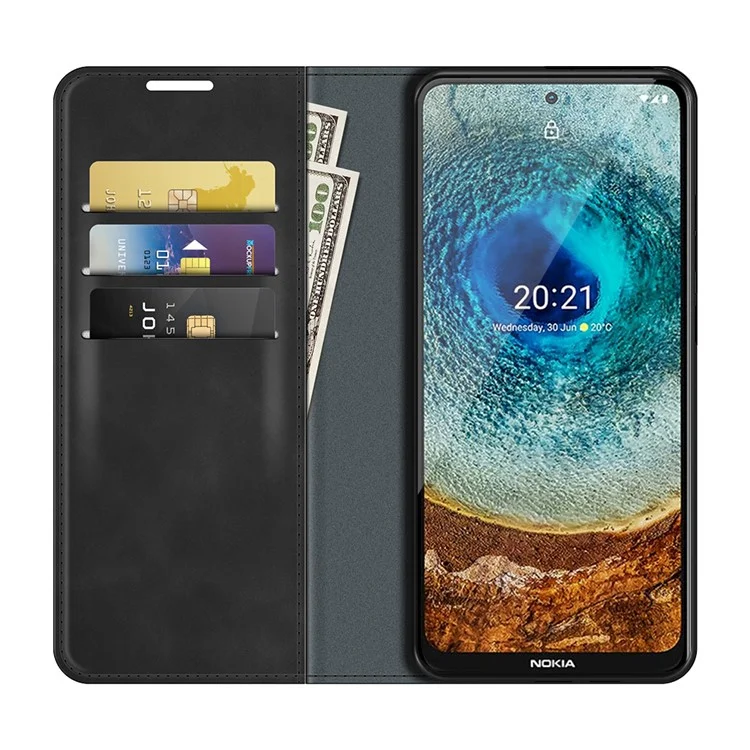Silky Leather Protective Cover with Wallet Stand for Nokia X10/X20 Auto-Absorbed Case - Black