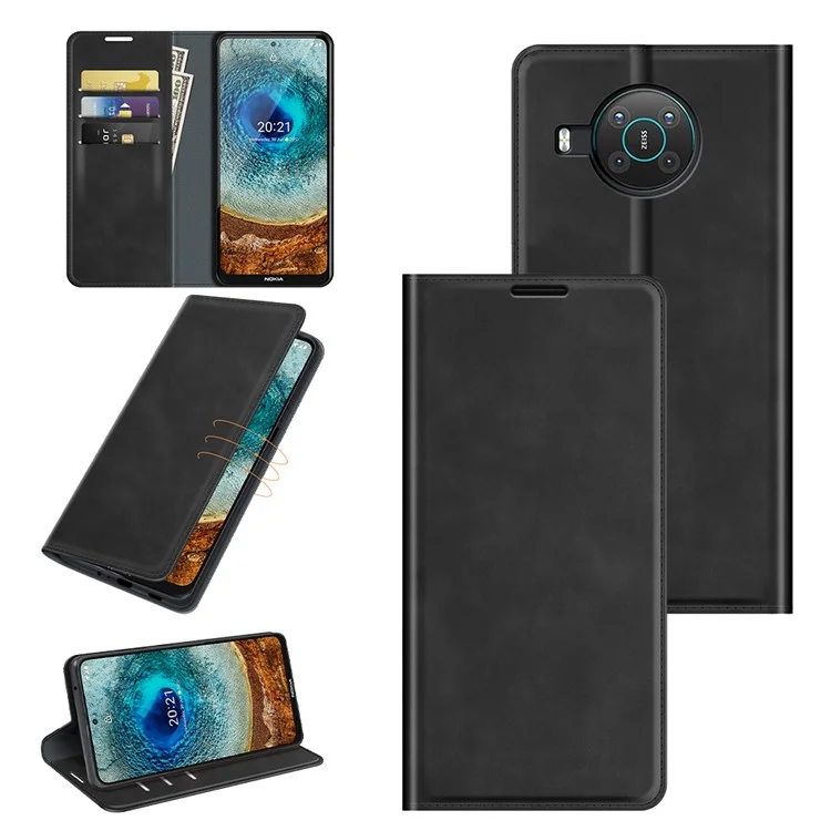 Silky Leather Protective Cover with Wallet Stand for Nokia X10/X20 Auto-Absorbed Case - Black