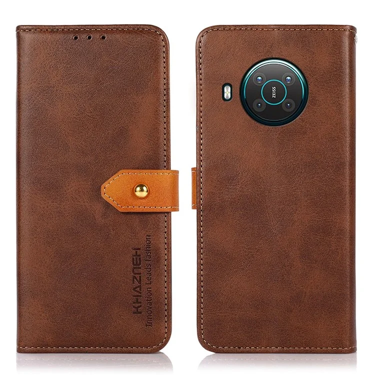 KHAZNEH Golden Magnetic Clasp Wallet Design Dual Color Leather Phone Case with Stand for Nokia X10/X20 - Brown
