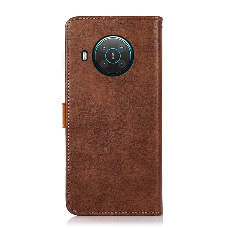 KHAZNEH Golden Magnetic Clasp Wallet Design Dual Color Leather Phone Case with Stand for Nokia X10/X20 - Brown
