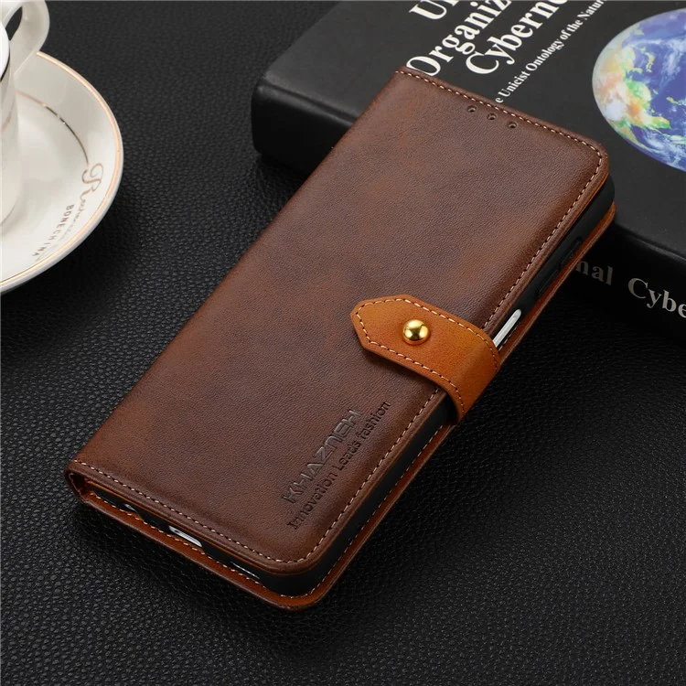 KHAZNEH Golden Magnetic Clasp Wallet Design Dual Color Leather Phone Case with Stand for Nokia X10/X20 - Brown
