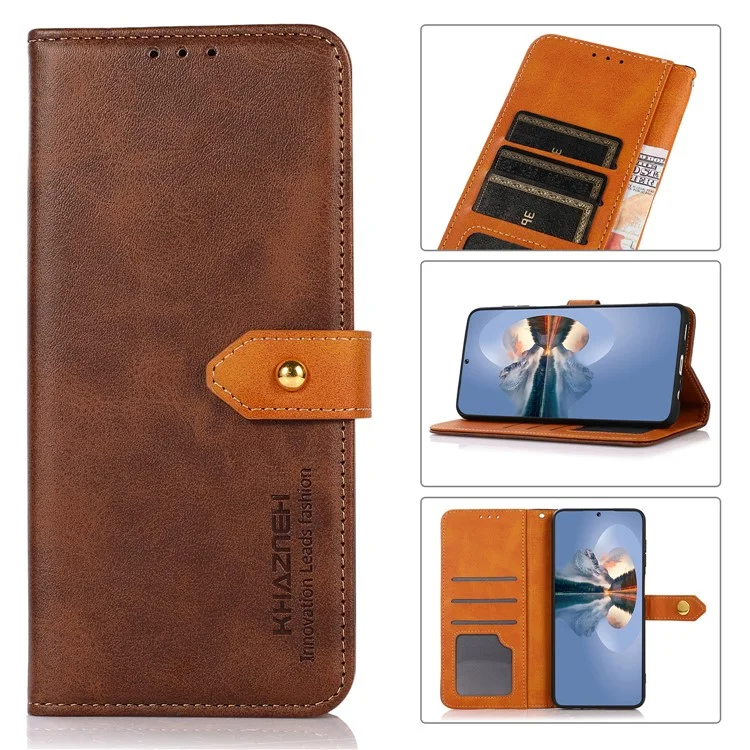 KHAZNEH Golden Magnetic Clasp Wallet Design Dual Color Leather Phone Case with Stand for Nokia X10/X20 - Brown