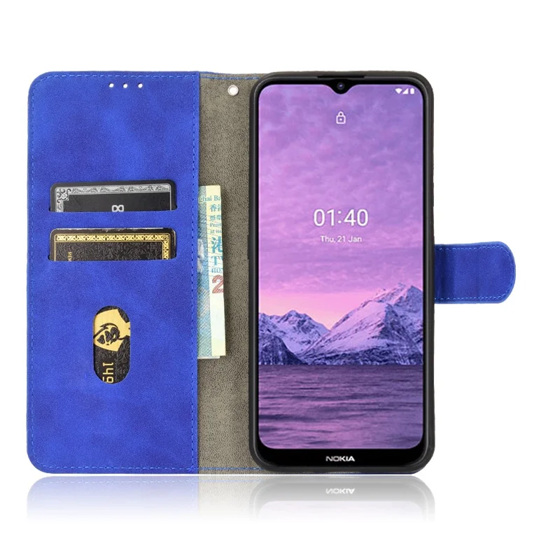 Futerał na telefon z korektem PU o dotyku skóry z podpiętą podstawką portfelową dla Nokia 1.4 - Niebieski