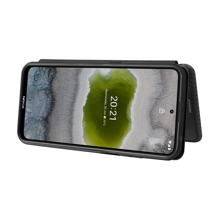Capa de Couro de Fibra de Carbono Absorvida Automaticamente com Alça de Anel para Nokia X10/X20 - Preto