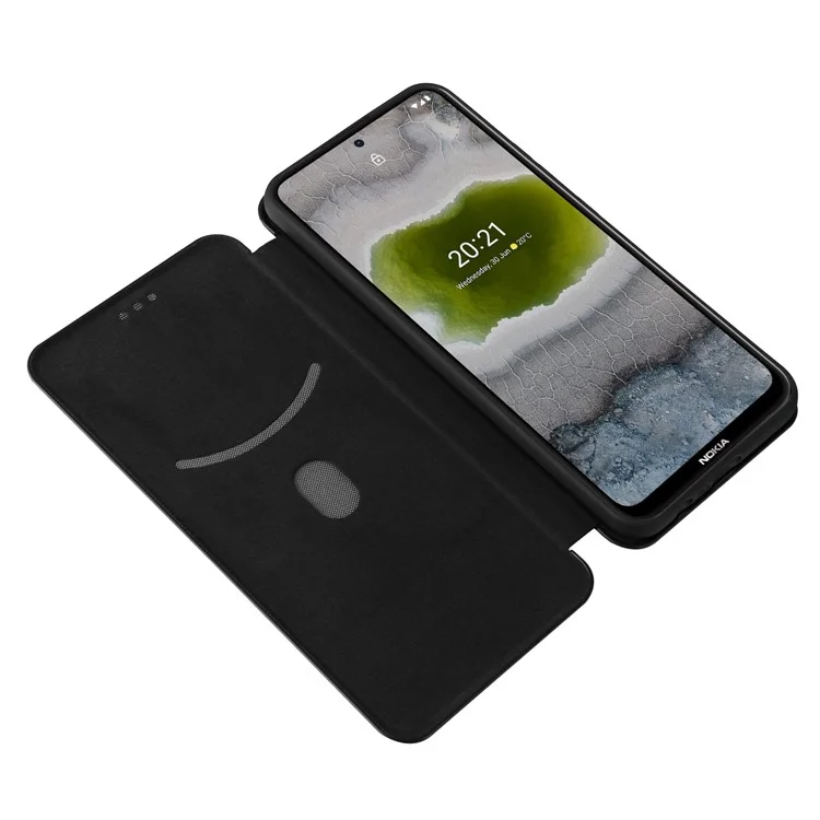 Capa de Couro de Fibra de Carbono Absorvida Automaticamente com Alça de Anel para Nokia X10/X20 - Preto