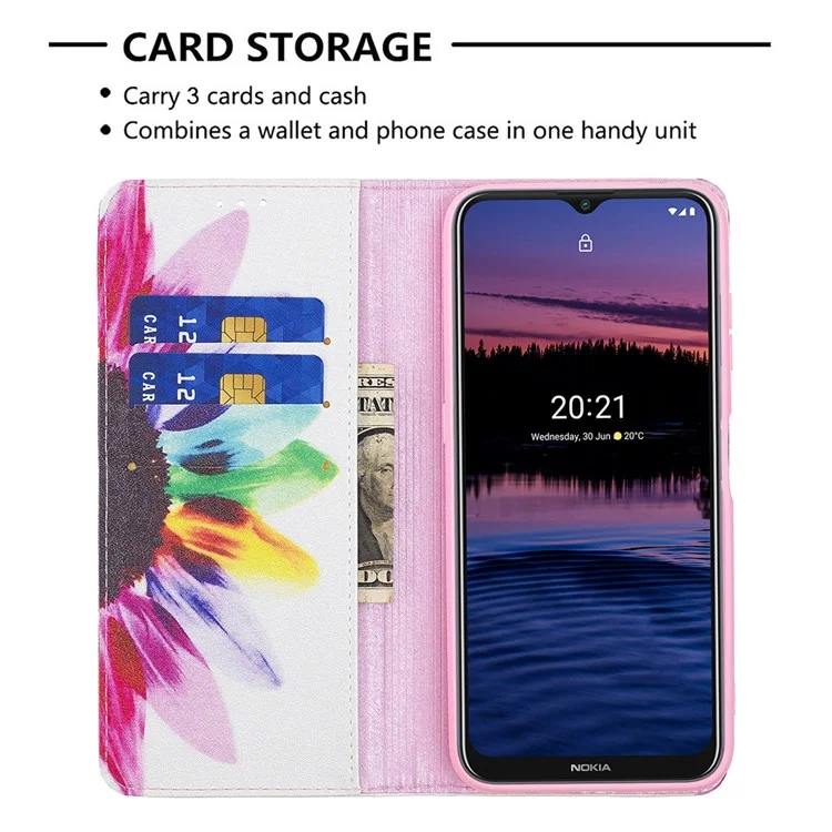 Fashionable Pattern Printing Wallet Stand Cover Auto-absorbed Shockproof and Scratch Resistant Flip Leather for  Phone Case Nokia G10 / G20 - Sunflower