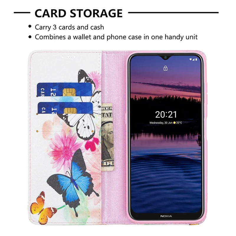 Fashionable Pattern Printing Wallet Stand Cover Auto-absorbed Shockproof and Scratch Resistant Flip Leather for  Phone Case Nokia G10 / G20 - Butterflies