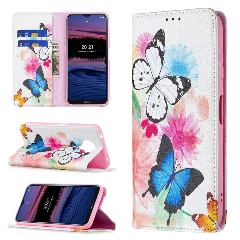 Fashionable Pattern Printing Wallet Stand Cover Auto-absorbed Shockproof and Scratch Resistant Flip Leather for  Phone Case Nokia G10 / G20 - Butterflies