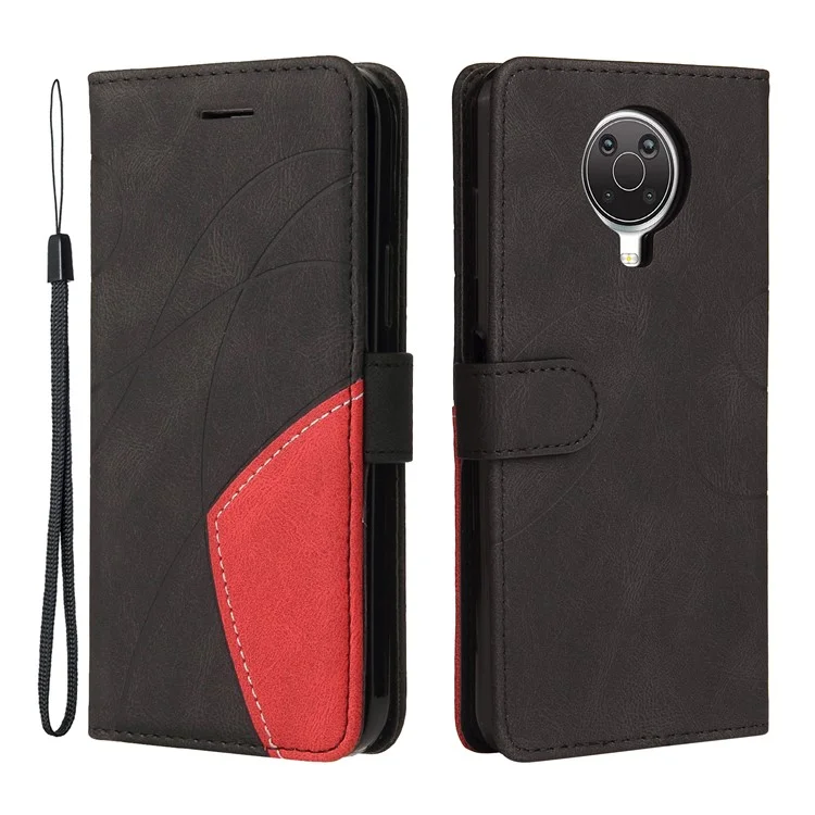 KT Leather Series-1 Bi-color Splicing Style Leather Wallet Case Stand Cover mit Handschlaufe für Nokia G10 / G20 - Schwarz