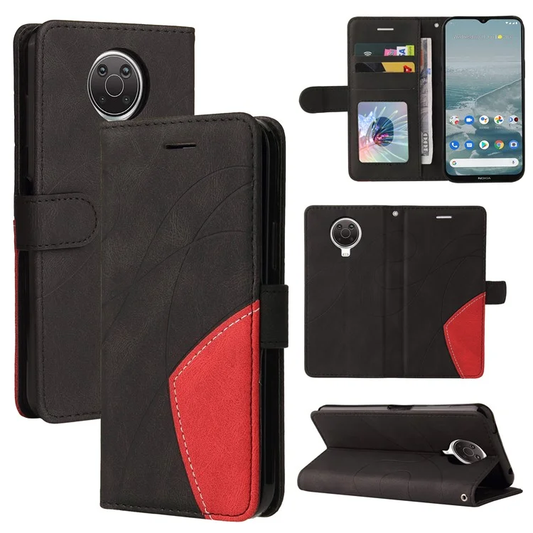KT Leather Series-1 Bi-color Splicing Style Leather Wallet Case Stand Cover mit Handschlaufe für Nokia G10 / G20 - Schwarz
