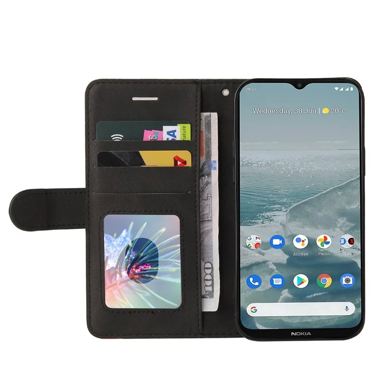 KT Leather Series-1 Bi-color Splicing Style Leather Wallet Case Stand Cover mit Handschlaufe für Nokia G10 / G20 - Schwarz