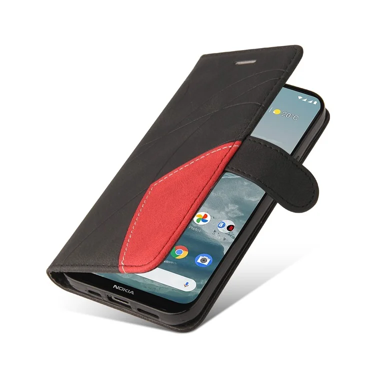 KT Leather Series-1 Bi-color Splicing Style Leather Wallet Case Stand Cover mit Handschlaufe für Nokia G10 / G20 - Schwarz