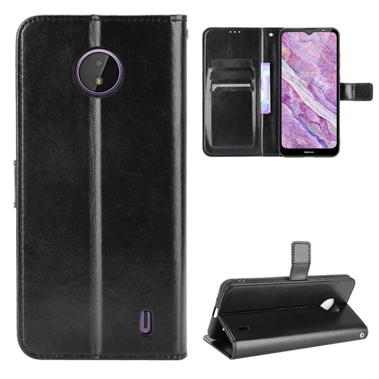 Carteira de Couro Crazy Horse com Suporte Dobrável e Alça para Nokia C10/C20 - Preta