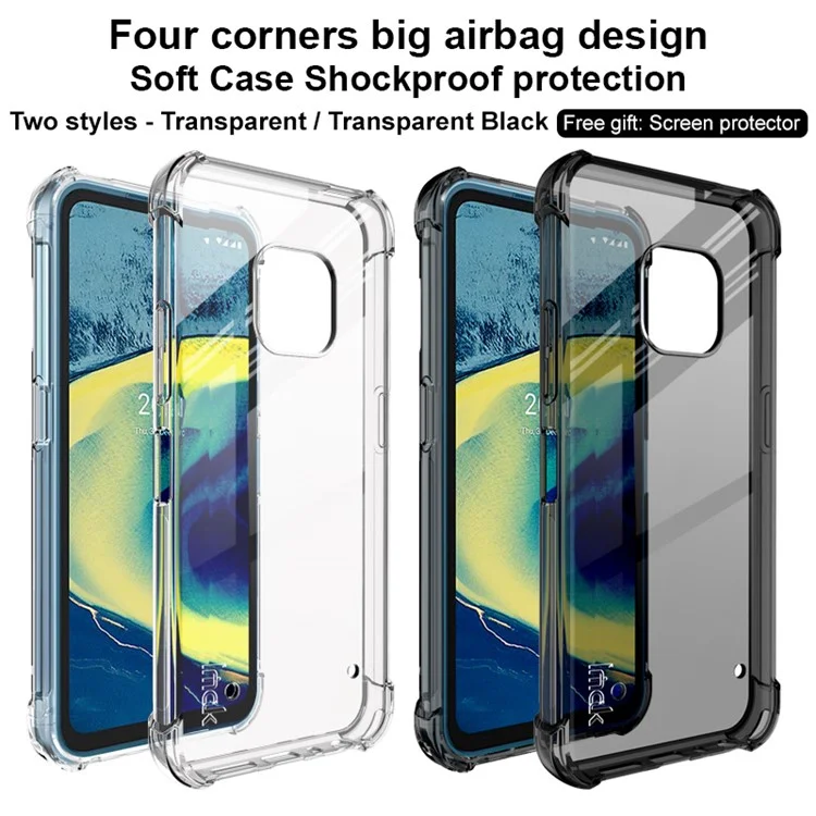 IMAK Shockproof Airbag Soft TPU Phone Cover Case with Screen Protector for Nokia XR20 - Transparent Black