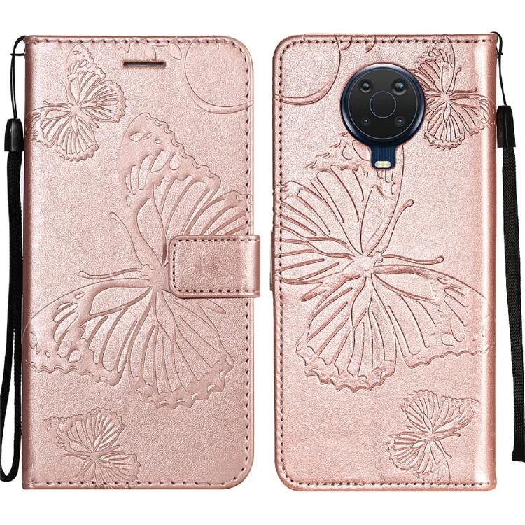 Stylish Design KT Imprinting Flower Series-2 Butterfly Pattern Imprinting Shockproof Cards Slots Leather Wallet Phone Cover Case with Stand for Nokia G20/G10/6.3 - Rose Gold