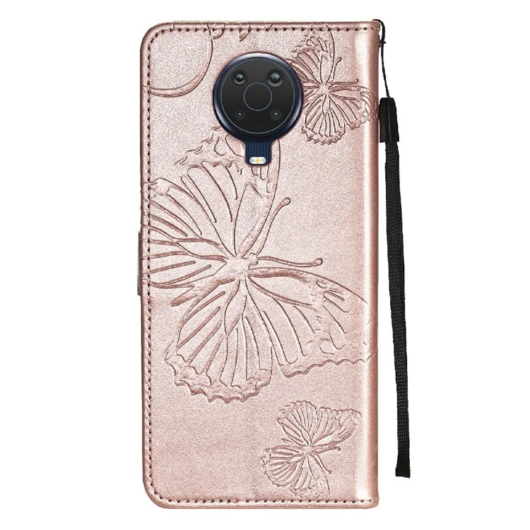 Stylish Design KT Imprinting Flower Series-2 Butterfly Pattern Imprinting Shockproof Cards Slots Leather Wallet Phone Cover Case with Stand for Nokia G20/G10/6.3 - Rose Gold