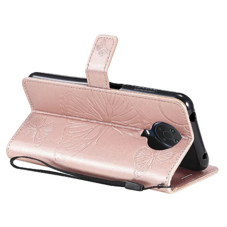 Stylish Design KT Imprinting Flower Series-2 Butterfly Pattern Imprinting Shockproof Cards Slots Leather Wallet Phone Cover Case with Stand for Nokia G20/G10/6.3 - Rose Gold
