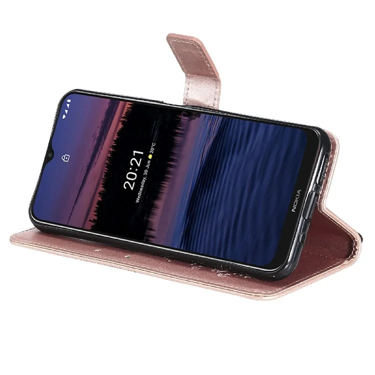 Stylish Design KT Imprinting Flower Series-2 Butterfly Pattern Imprinting Shockproof Cards Slots Leather Wallet Phone Cover Case with Stand for Nokia G20/G10/6.3 - Rose Gold