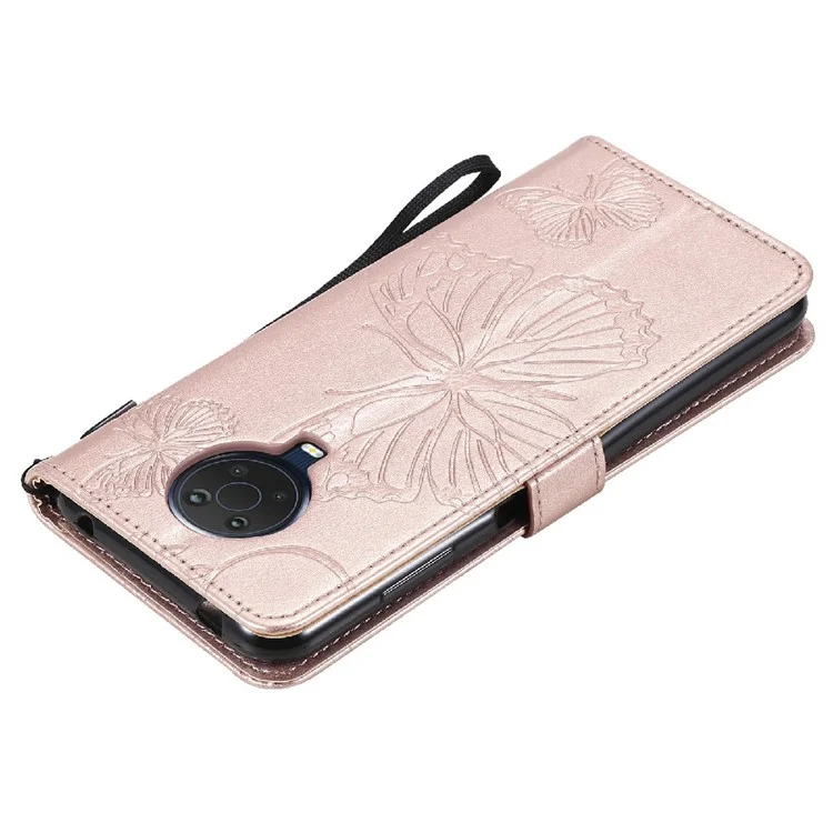 Stylish Design KT Imprinting Flower Series-2 Butterfly Pattern Imprinting Shockproof Cards Slots Leather Wallet Phone Cover Case with Stand for Nokia G20/G10/6.3 - Rose Gold