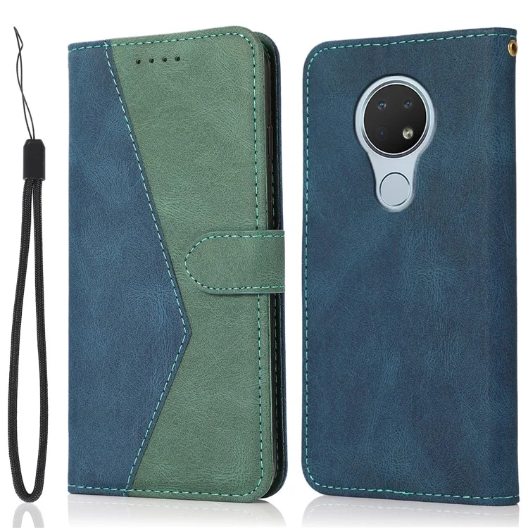 Dual Color Splicing Flip Stand Case Leather Wallet Cover mit Handschlaufe für Nokia 7.2/6.2 - Blau/Grün