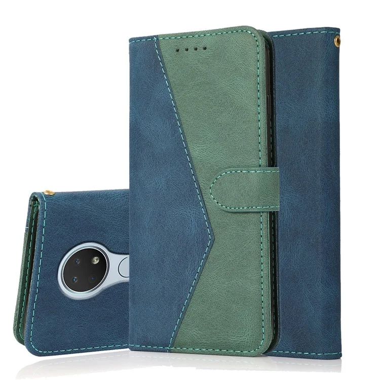 Dual Color Splicing Flip Stand Case Leather Wallet Cover mit Handschlaufe für Nokia 7.2/6.2 - Blau/Grün