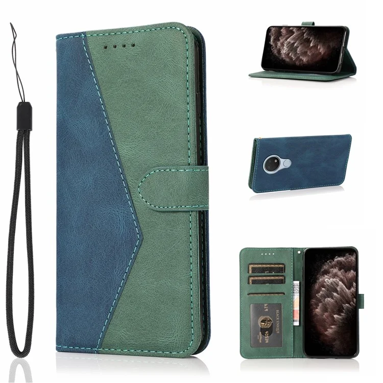 Dual Color Splicing Flip Stand Case Leather Wallet Cover mit Handschlaufe für Nokia 7.2/6.2 - Blau/Grün