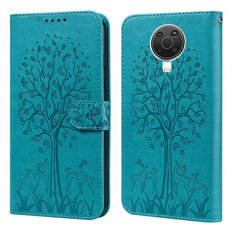 Arbre et Cerf le Support de Portefeuille en Cuir Imprimé Case de Coquille de Téléphone Pour Nokia G10 / Nokia G20 - Bleu