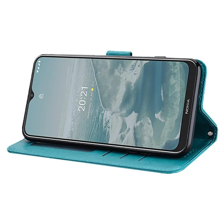 Arbre et Cerf le Support de Portefeuille en Cuir Imprimé Case de Coquille de Téléphone Pour Nokia G10 / Nokia G20 - Bleu