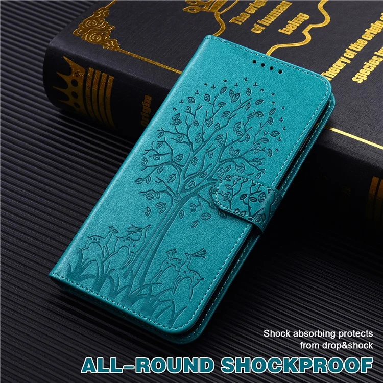 Tree and Deer Imprinted Leather Wallet Stand Phone Shell Case for Nokia G10 / Nokia G20 - Blue