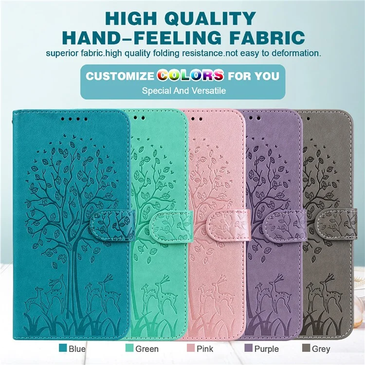 Tree and Deer Imprinted Leather Wallet Stand Phone Shell Case for Nokia G10 / Nokia G20 - Blue