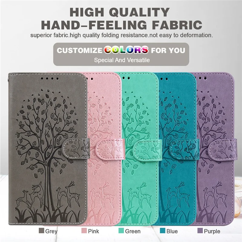 Tree and Deer Imprinted Leather Wallet Stand Phone Shell Case for Nokia G10 / Nokia G20 - Grey